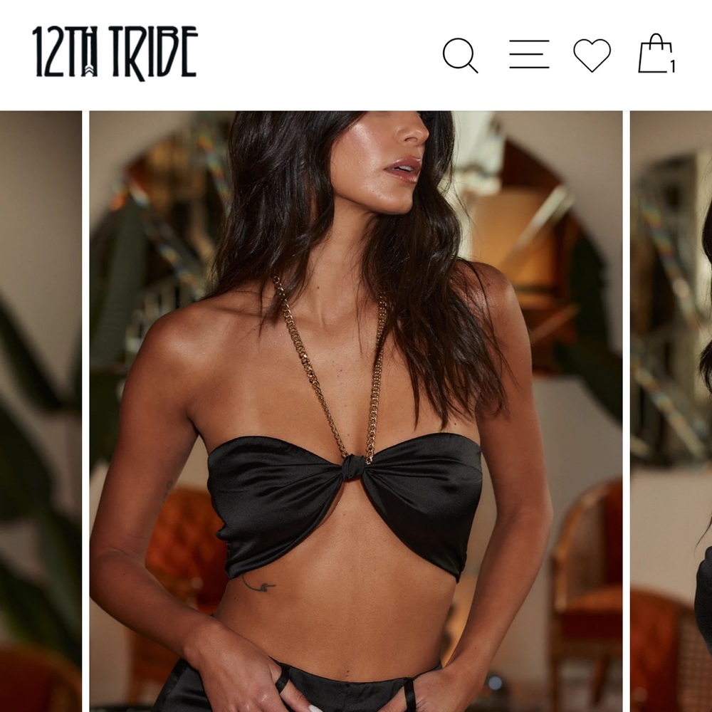Perla Black Satin Gold Chain Halter Top